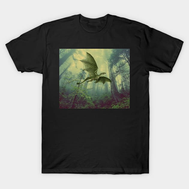 Flying Dinosaur Dragon in Forest T-Shirt by Wanderer Bat